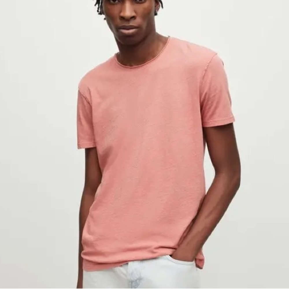 All Saints Figure Crew Neck Raw Edge Short Sleeve Basic Tee Shirt Salmon Sz SM
